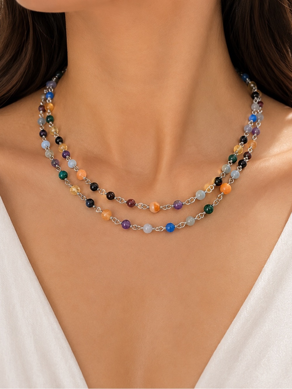 Effy Sterling silver 925 Multicolor Beaded Double-Layer Necklace/NEW/Gift